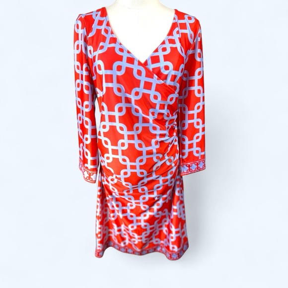 Gretchen Scott NWT Size Large Faux Wrap ruched 3/4 Sleeve‎ Stretch mini dress - Picture 1 of 10